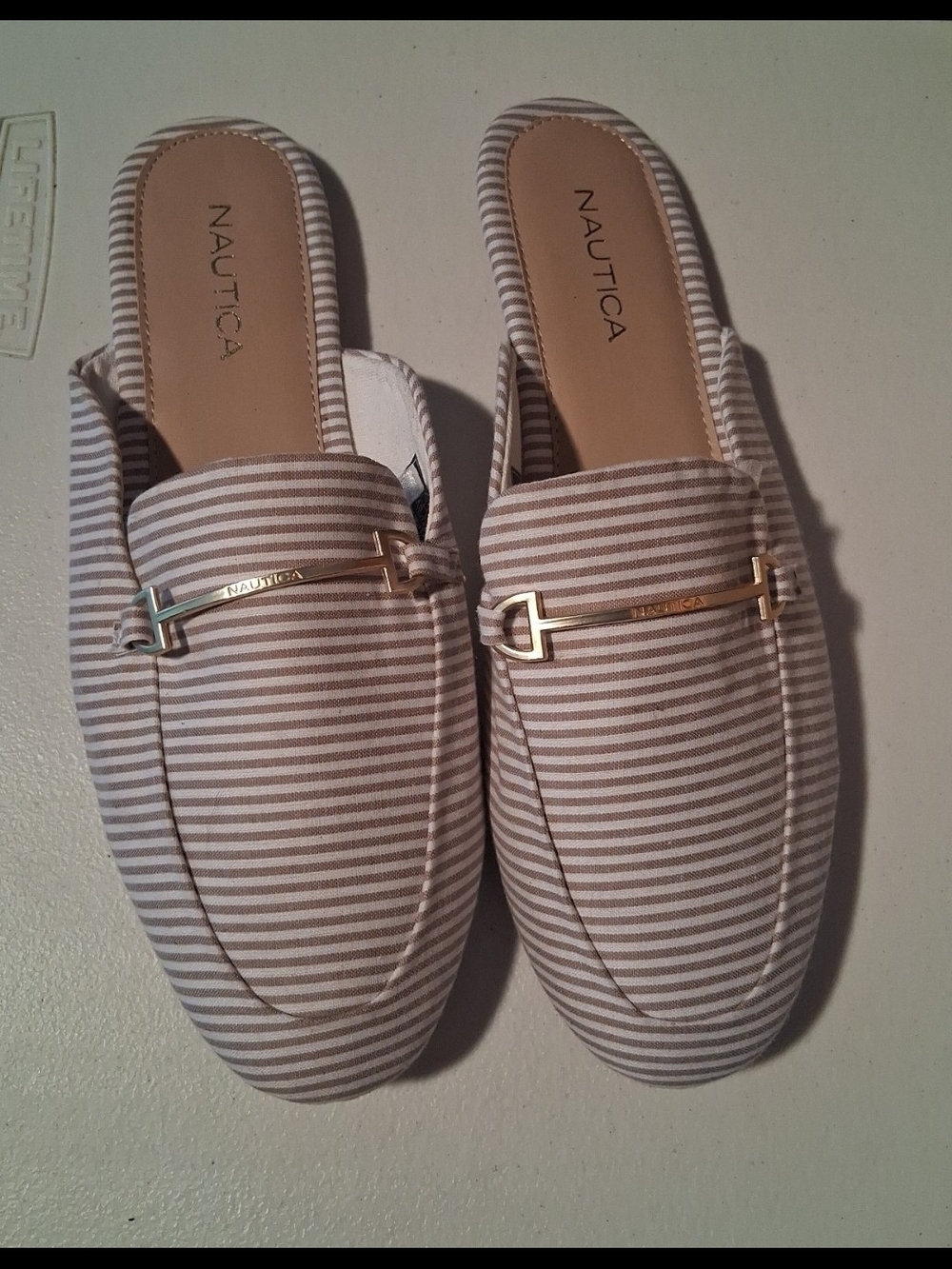 Nautica Tan and White Striped Backless Mules